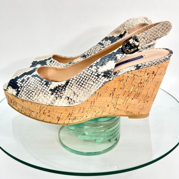 Stuart Weitzman Jean Slingback Wedge Sandals Cork Snake Print Peep Toe - Picture 5 of 10